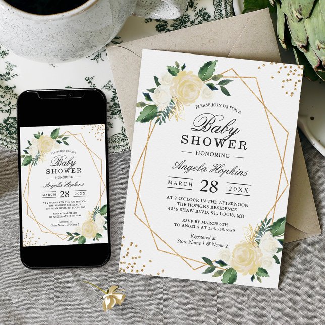 Invitación Greenery Floral Gold Geométrico Baby Shower (Subido por el creador)