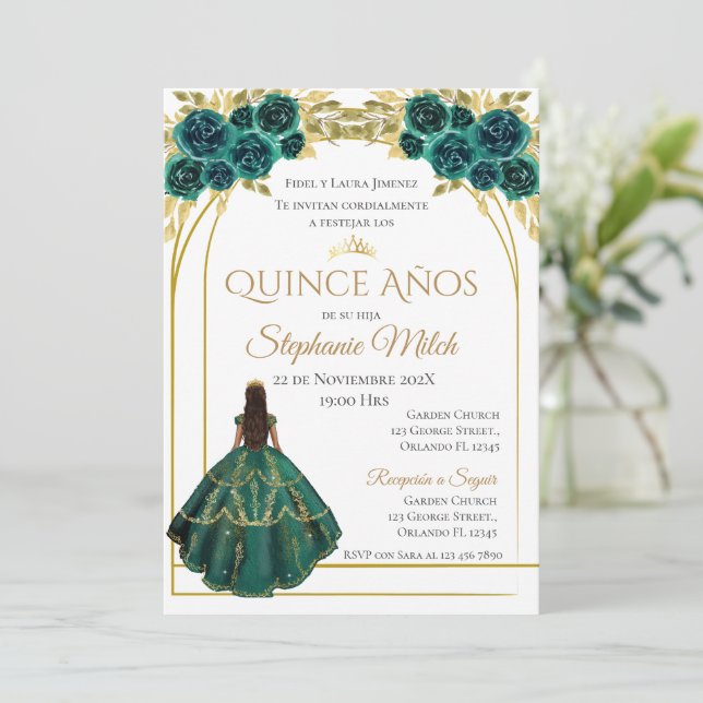 Invitación Greenery Floral Mexican Quinceanera Invitation (Anverso de pie)