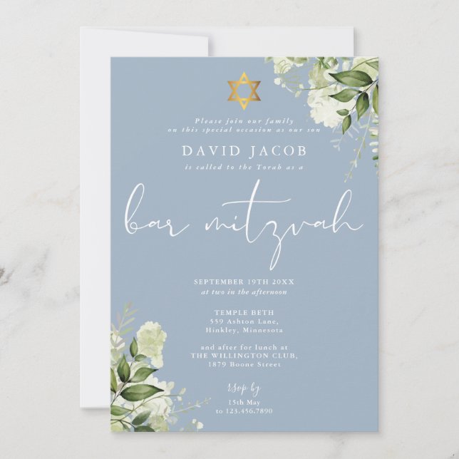 Invitación Greenery Floral Monogram Blue Bar Mitzvah (Anverso)