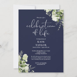 Invitación Greenery Floral Navy Blue Celebration of Life