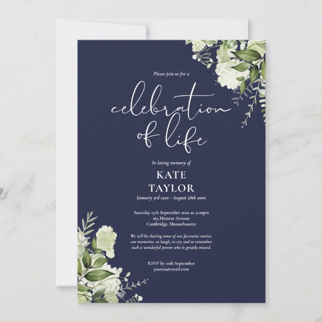 Invitación Greenery Floral Navy Blue Celebration of Life (Anverso)