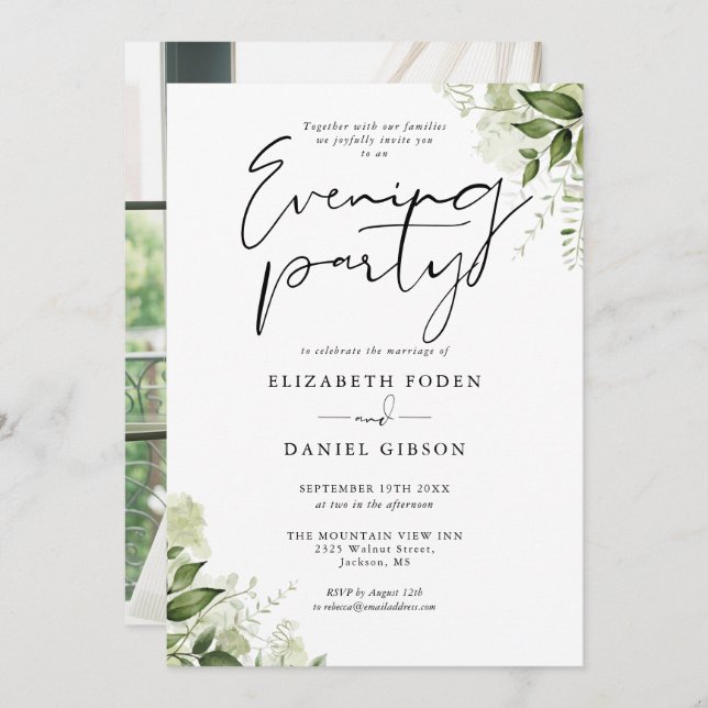 Invitación Greenery Floral Photo Boda Evending Fiesta (Anverso / Reverso)