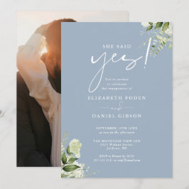 Invitación Greenery Floral Polvoriento Azul Foto Compromiso F