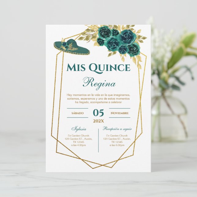 Invitación Greenery Floral Quinceañera Spanish  (Anverso de pie)