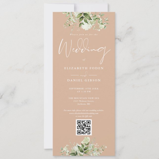 Invitación Greenery Floral Tan Boda de código QR (Anverso)