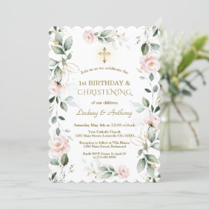 Invitación Greenery Floral Twins 1st Birthday & Christening