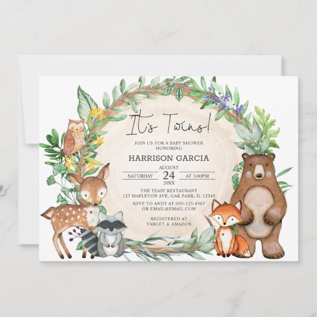Invitación Greenery Floral Woodland Animales Twins Baby Showe (Anverso)