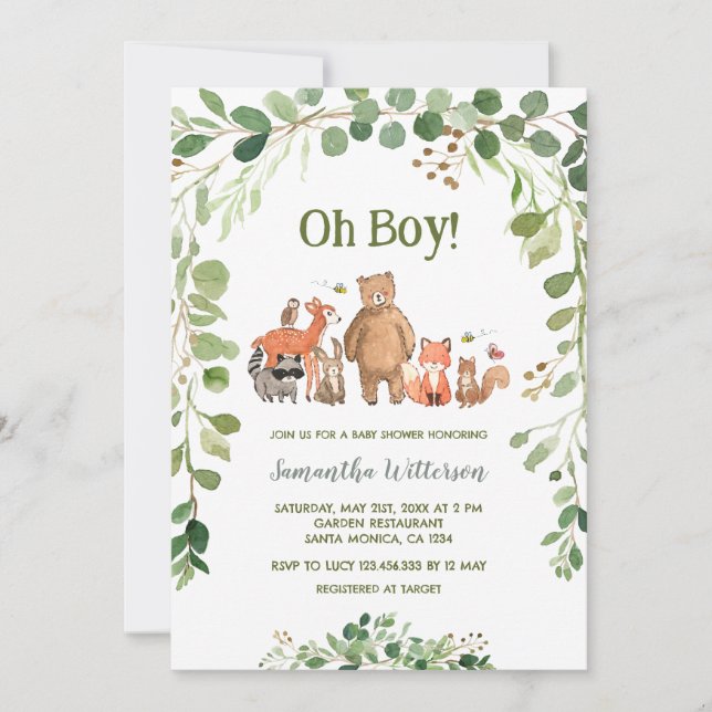 Invitación Greenery Forest Animals Boy Baby Shower (Anverso)