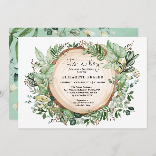 Invitación Greenery Forest Boy Baby Shower (Anverso / Reverso)