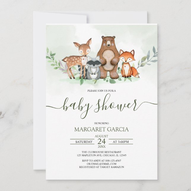 Invitación Greenery Forest WOODLAND Animals Baby Shower (Anverso)