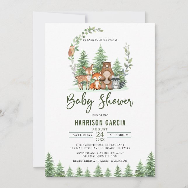 Invitación Greenery Forest Woodland Animals Baby Shower (Anverso)