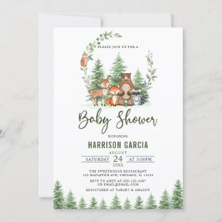 Invitación Greenery Forest Woodland Animals Baby Shower