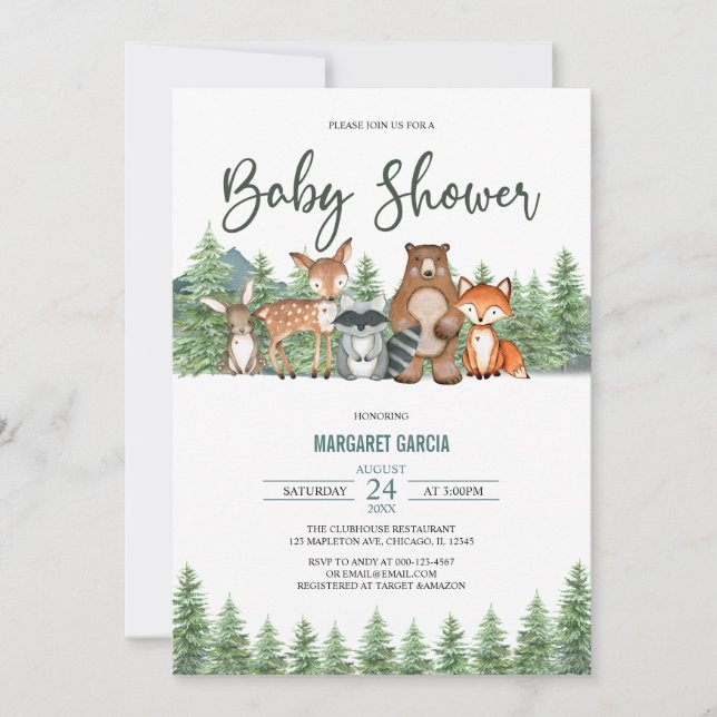 Invitación Greenery Forest Woodland Animals Baby Shower (Anverso)