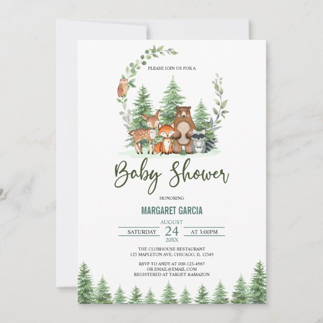 Invitación Greenery Forest Woodland Animals Baby Shower (Anverso)