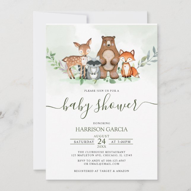 Invitación Greenery Forest WOODLAND Animals Baby Shower (Anverso)