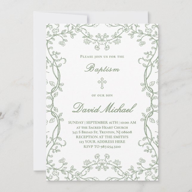 Invitación greenery frame Baptism  (Anverso)