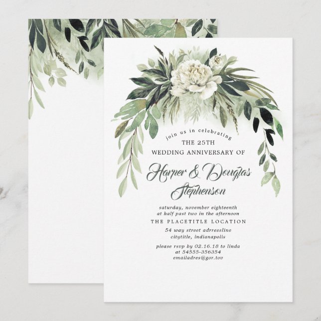 Invitación Greenery Garland Elegant Wedding Aniversario Fiest (Anverso / Reverso)