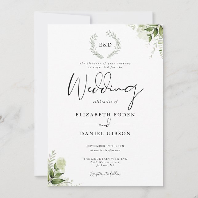 Invitación Greenery Garland Monogram Boda (Anverso)