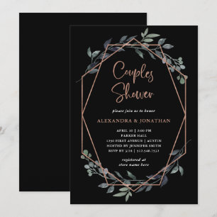 Invitación Greenery Geo Black   Rosa Ducha de Parejas Doradas