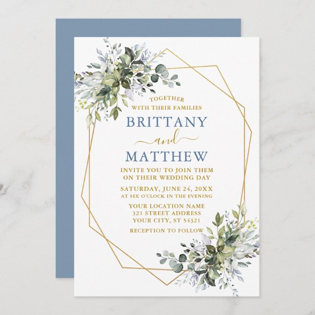Invitación Greenery Geo Frame Boda Dusty Blue Gold (Anverso / Reverso)