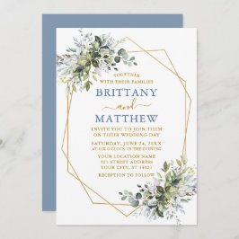 Invitación Greenery Geo Frame Boda Dusty Blue Gold
