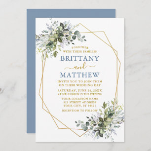 Invitación Greenery Geo Frame Boda Dusty Blue Gold