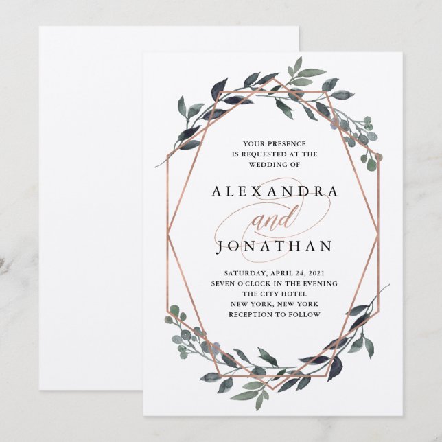 Invitación Greenery Geo Kraft | Rosa Boda de oro (Anverso / Reverso)