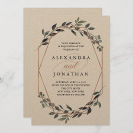 Invitación Greenery Geo Kraft | Rosa Boda de oro