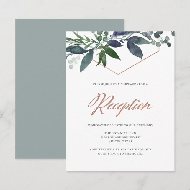 Invitación Greenery Geo | Recepción de boda en oro rosa (Anverso / Reverso)