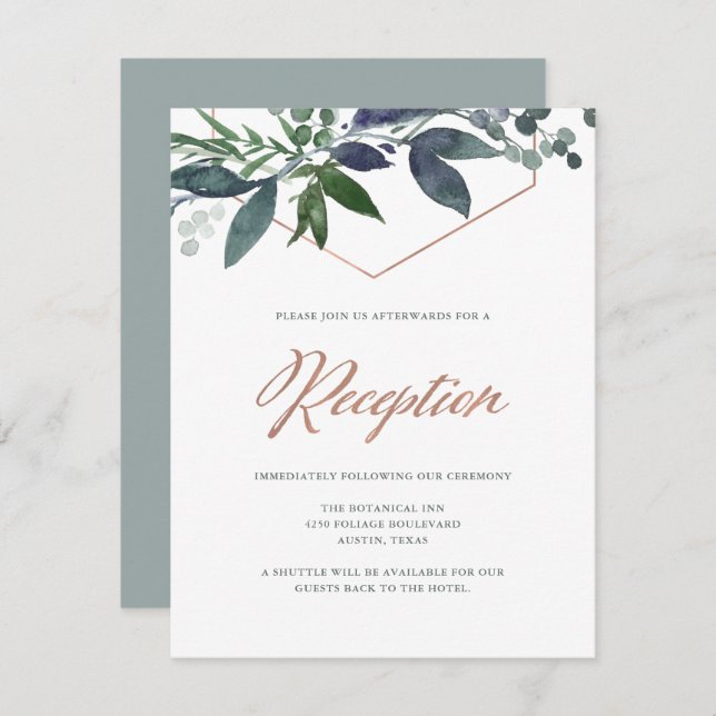 Invitación Greenery Geo | Recepción de Boda en Rosa Dorado (Anverso / Reverso)