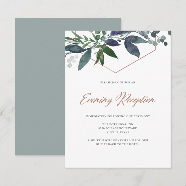 Invitación Greenery Geo | Recepción Rosa por la noche de oro (Anverso / Reverso)