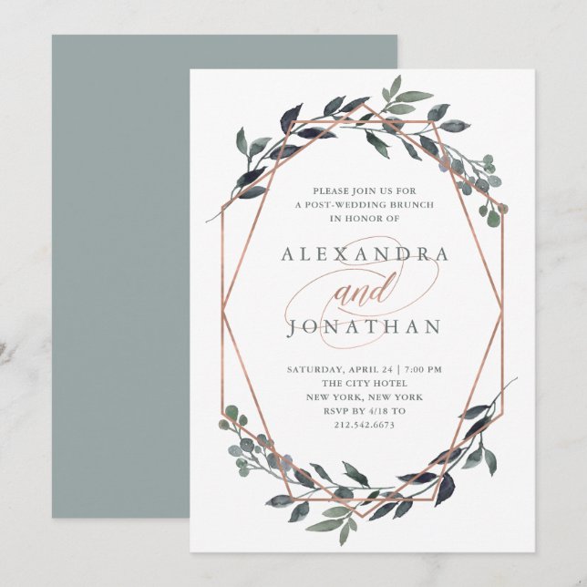 Invitación Greenery Geo | Rosa Boda de Gold Post Brunch (Anverso / Reverso)