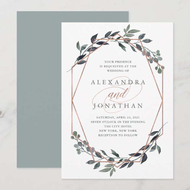 Invitación Greenery Geo | Rosa Boda de oro (Anverso / Reverso)