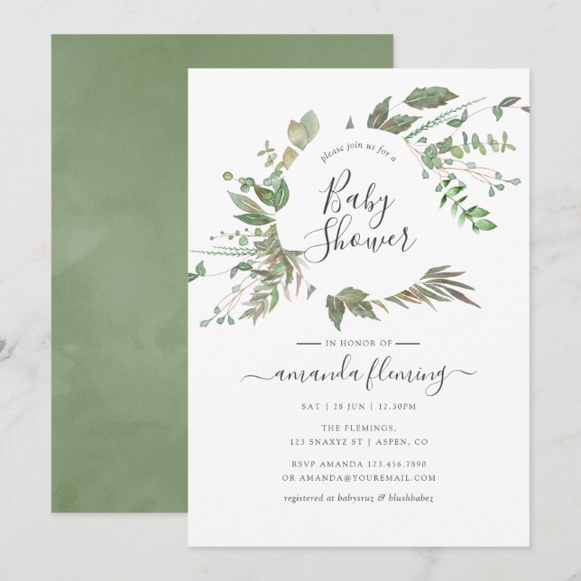 Invitación Greenery Geométric Baby Shower (Anverso / Reverso)