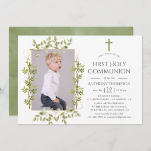 Invitación Greenery Geometric First Holy Communia