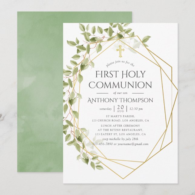 Invitación Greenery Geometric First Holy Communia (Anverso / Reverso)