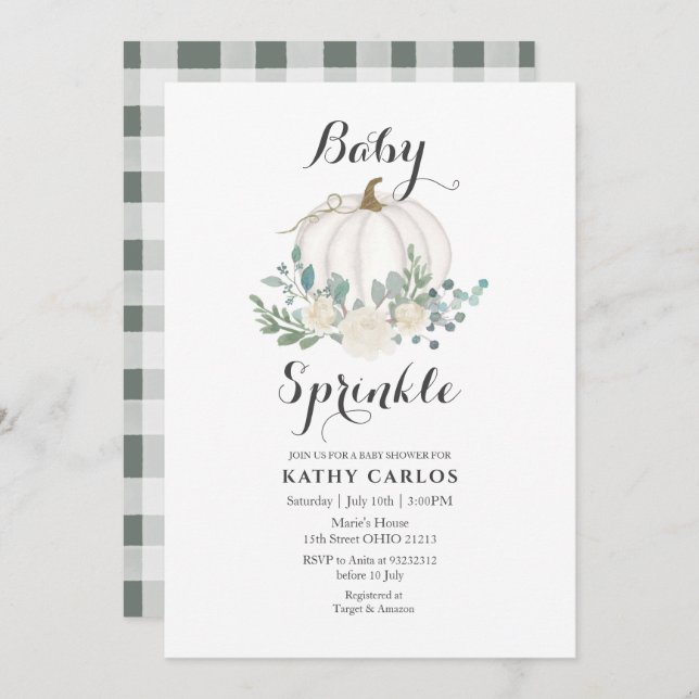 Invitación Greenery Gingham White Pumpkin Bebé Sprinkle (Anverso / Reverso)