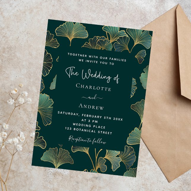 Invitación Greenery ginkgo deja boda de lujo de oro (Subido por el creador)