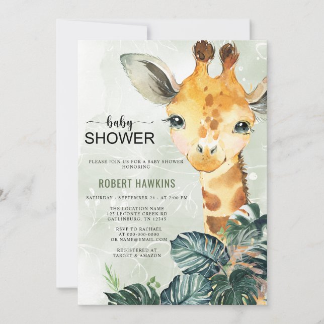 Invitación Greenery Giraffe Baby Shower (Anverso)