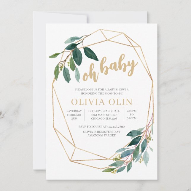 Invitación Greenery Gold Baby Shower (Anverso)