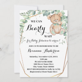 Invitación Greenery Gold Bear Baby Shower Bearly wait Baby