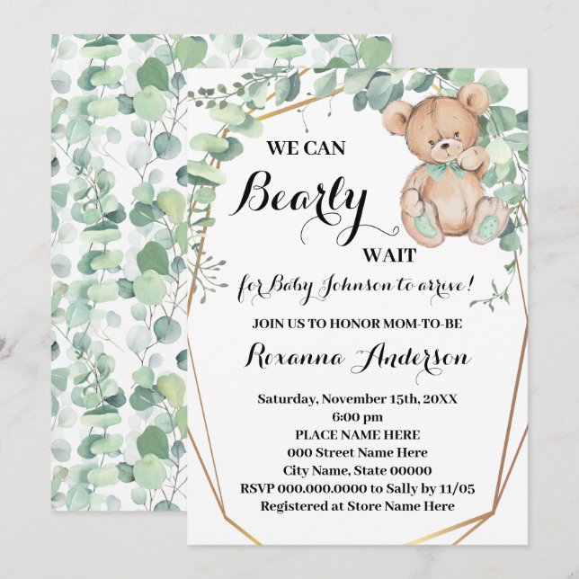Invitación Greenery Gold Bear Baby Shower Bearly wait Baby (Anverso / Reverso)