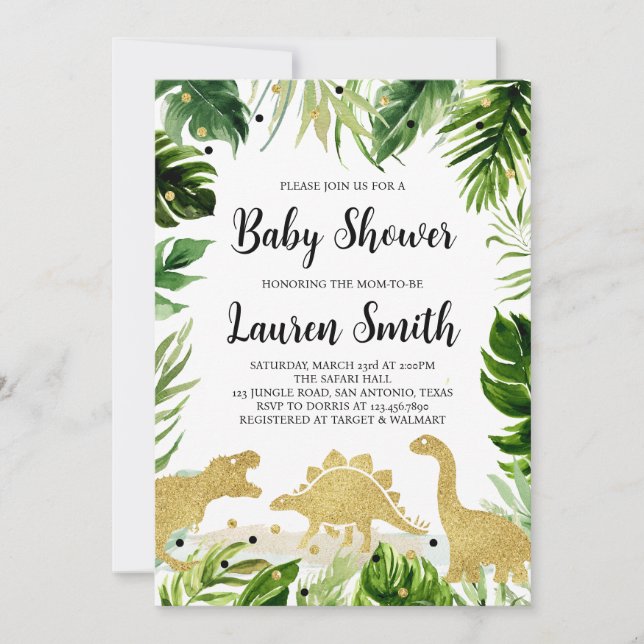 Invitación Greenery Gold Dinosaur Baby Shower (Anverso)
