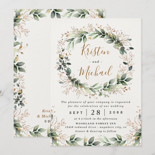 Invitación Greenery Gold Elegant Watercolor Boho Leaf Boda (Anverso / Reverso)