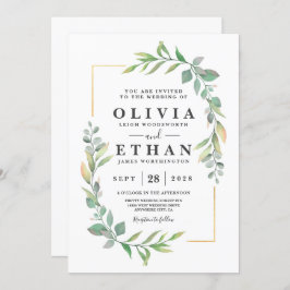 Invitación Greenery Gold Elegant Watercolor Boho Leaf Boda