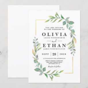 Invitación Greenery Gold Elegant Watercolor Boho Leaf Boda