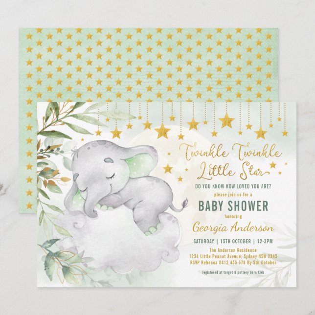 Invitación Greenery Gold Elephant Moon Stars Baby Shower (Anverso / Reverso)