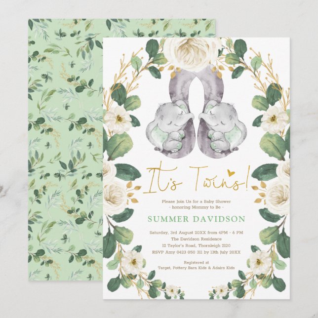 Invitación Greenery Gold Elephant Twins Neutral Baby Shower (Anverso / Reverso)