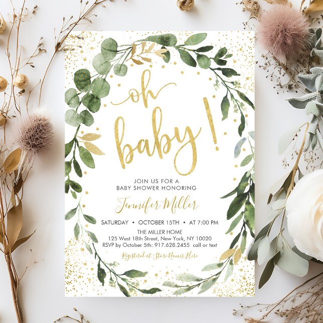 Invitación Greenery & Gold Eucalyptus Baby Shower (Subido por el creador)