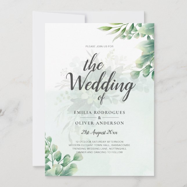 Invitación Greenery Gold Eucalyptus BODA QR CÓDIGO Moderno (Anverso)